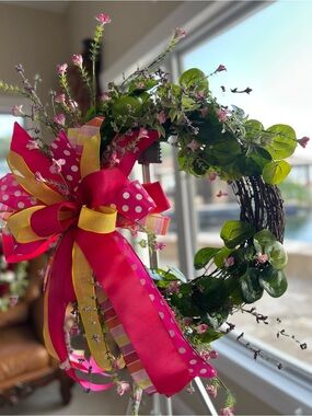 Floral Spring Wreath with Pink Ribbon Accent